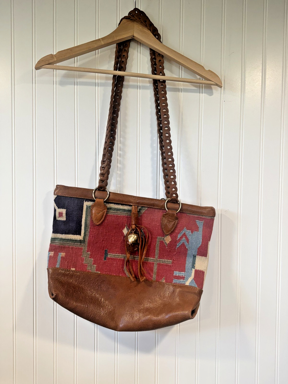 Marco Avane Purse Southwest Hand-Loomed Dhurrie Rug Bucket Bag Leather VTG